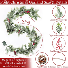 6FT Flocked Cedar Garland with Lights Timer, Pre-Lit Christmas Garland Pinecones 07FC0E-D4 - KOEEK