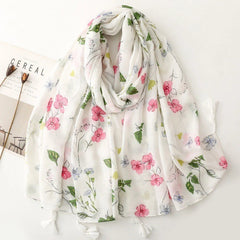 Women White Garden Floral Stole Scarf Summer Spring Soft Breathable Thin Shawl 07FC0E-D4 - KOEEK