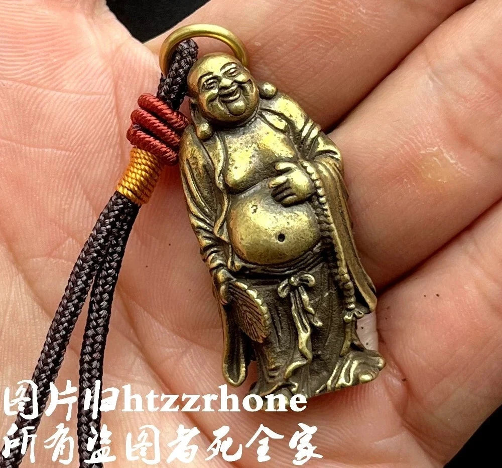 1.5" Brass Laughing Maitreya Buddha Statue Blessing Pendant Chain Buddha Amulet 07FC0E-D4 - KOEEK