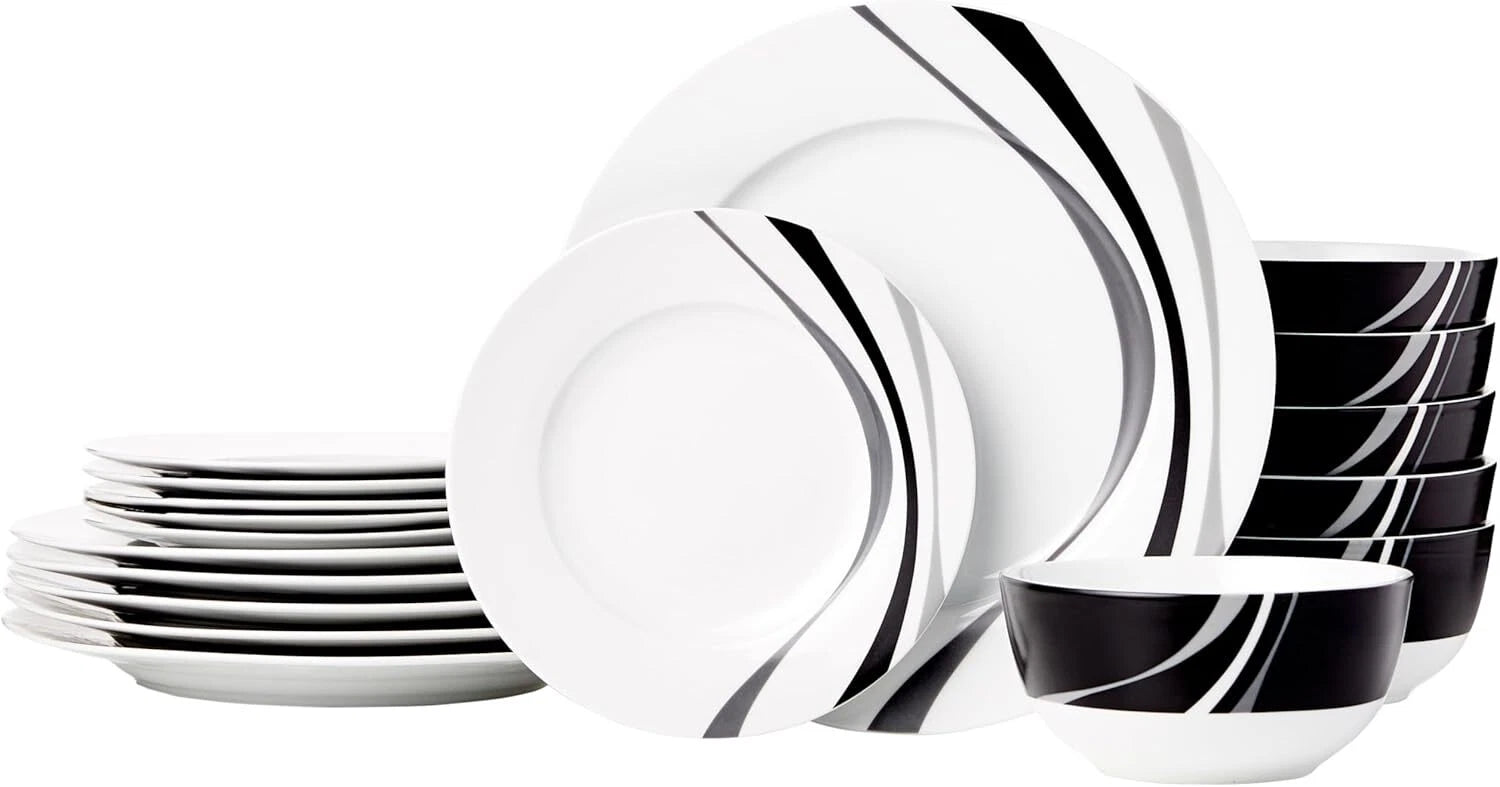 18 Piece Dinnerware Set, Plates, Dishes and Bowls, Serves 6, Swirl Color 07FC0E-D4 - KOEEK