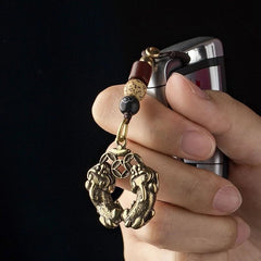 Double Bite Pi Xiu Brass Mobile Pendant U Disk Keychain Retro Unisex Handmade 07FC0E-D4 - KOEEK