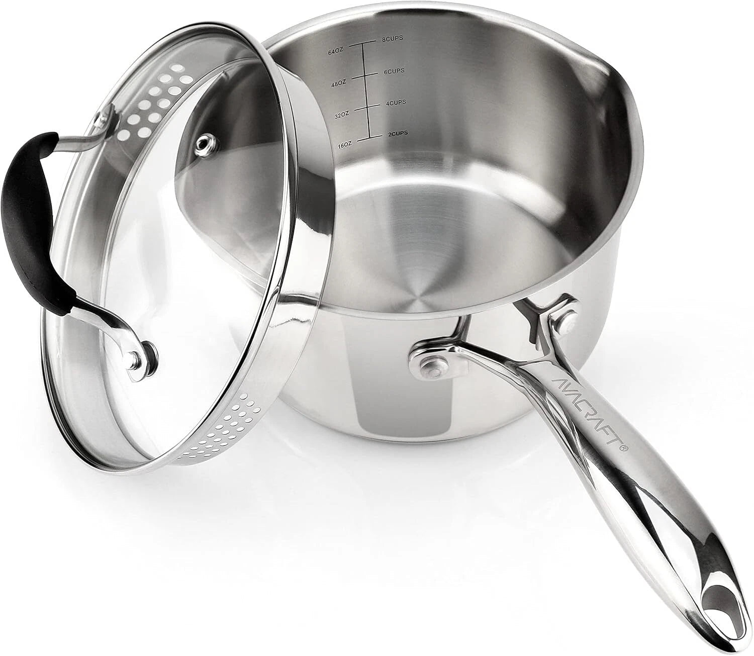 Stainless steel sauce pan with glass strainer lid and two side spouts 07FC0E-D4 - KOEEK