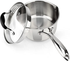 Stainless steel sauce pan with glass strainer lid and two side spouts 07FC0E-D4 - KOEEK