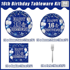 96-piece 16th birthday party tableware set, blue and silver theme 07FC0E-D4 - KOEEK