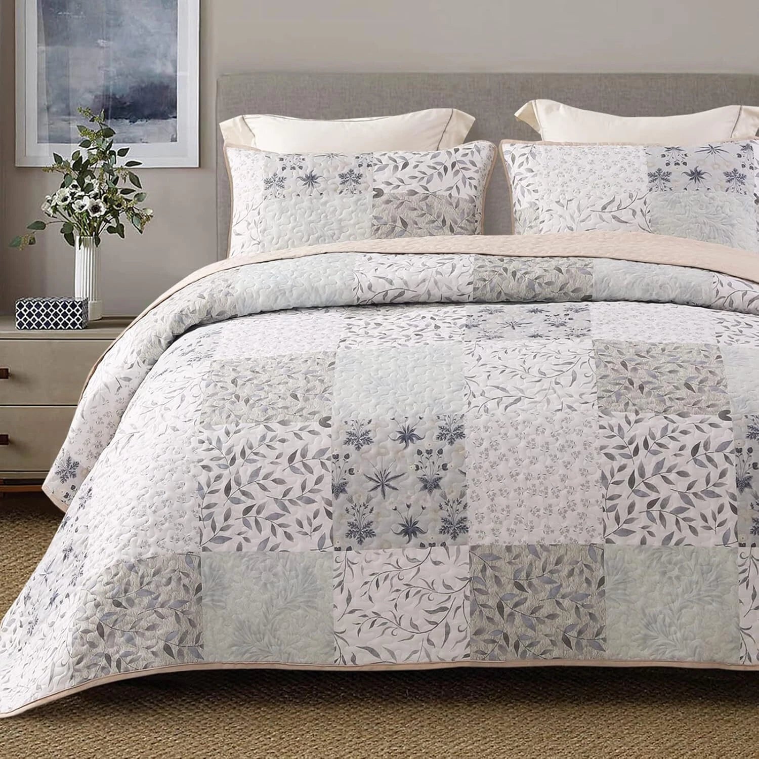 Reversible Quilt Set Queen Size, 3 Pieces Patchwork Gray All Season Bedspreads 07FC0E-D4 - KOEEK