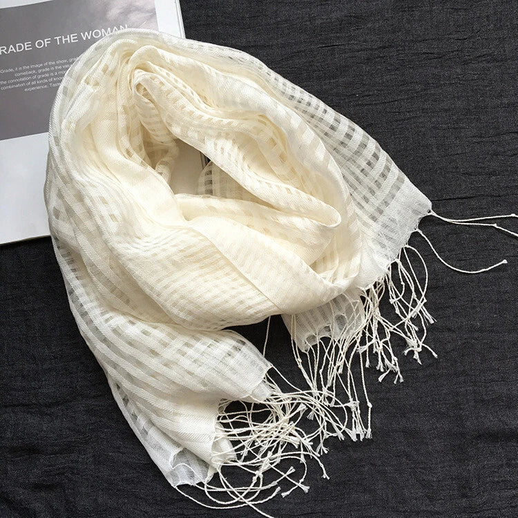 Womens Plaid Tasseled White Wool Silk Scarf Breathable Veil Shawl Scarves Stole 07FC0E-D4 - KOEEK