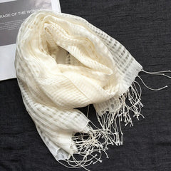 Womens Plaid Tasseled White Wool Silk Scarf Breathable Veil Shawl Scarves Stole 07FC0E-D4 - KOEEK