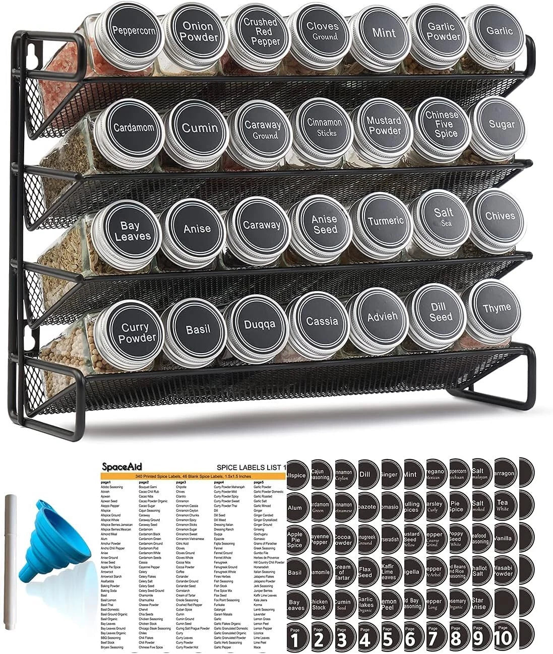 Spice Rack Organizer with 28 Spice Jars, 386 Spice Labels 07FC0E-D4 - KOEEK