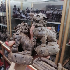 Agarwood Lion Pair Figurine Wood Carving Feng Shui Office Decor 9x14cm 07FC0E-D4 - KOEEK