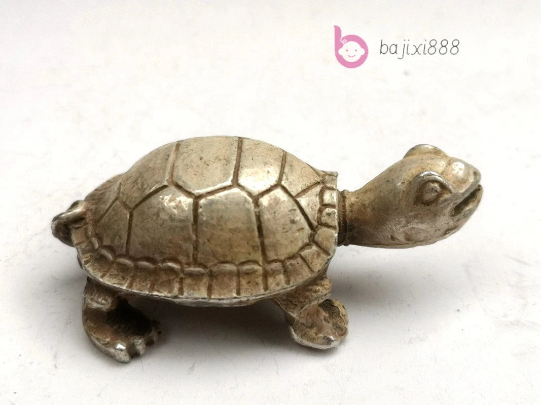 65mm Retro Tibetn Silver Handcarved Longevity Turtle Statue Paperweight Ornament 07FC0E-D4 - KOEEK