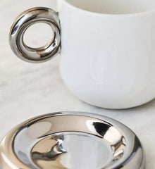 Anthropologie Coffee Mug with Lids Becomes Saucers Too White/Silver Set Of 2 ANTHROPOLOGIE - KOEEK
