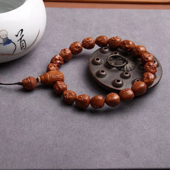 12mm Natural Walnut Handcarved Eighteen Arhat Hand String Amulet Bracelet 07FC0E-D4 - KOEEK