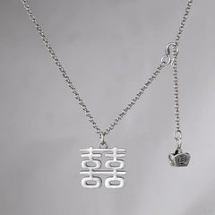 "Xi" Pendant Necklace Double Happiness Long Sweater Chain Silver Plated Vintage 07FC0E-D4 - KOEEK