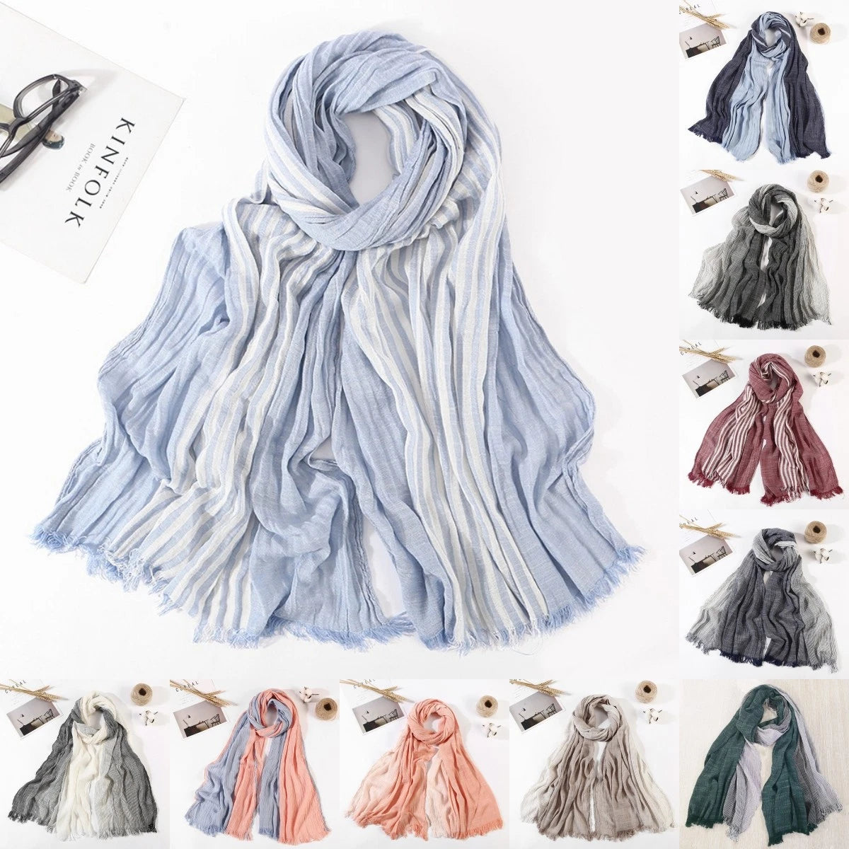 Men's Scarf Striped Cotton Blend Shawls Pleated Scarves Unisex Scarf Warm Wraps 07FC0E-D4 - KOEEK