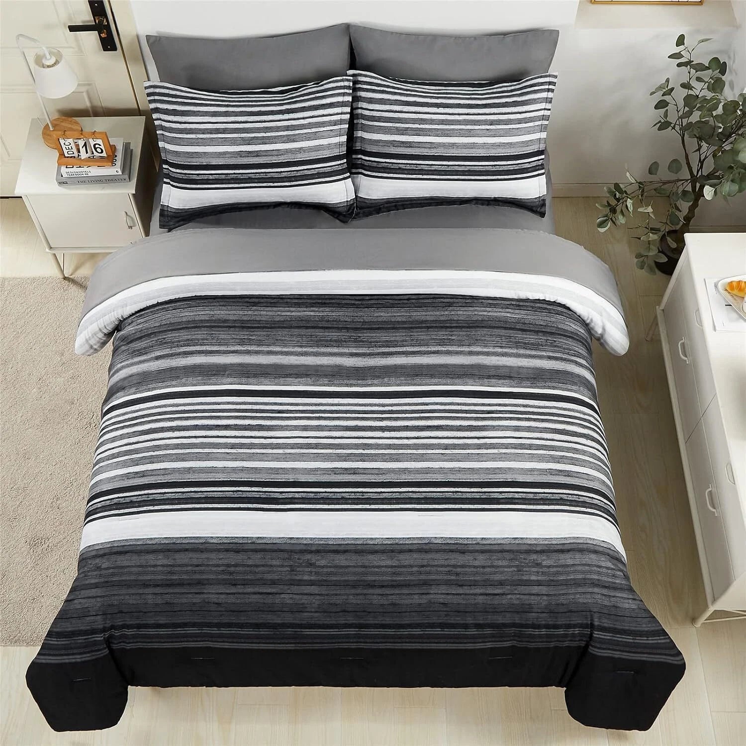 7-Piece Bagged Striped Queen Comforter Set, All Seasons (Gray, Queen) 07FC0E-D4 - KOEEK