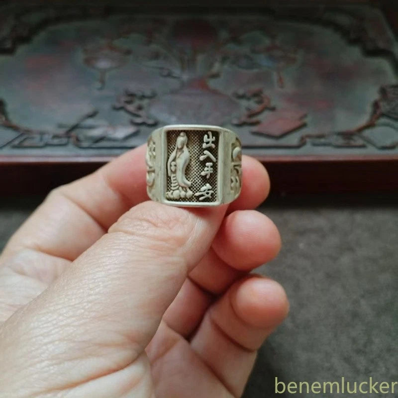 Vintage Silver-plated Handcarved Guanyin Bodhisattva Pingan Rings Amulet Jewelry 07FC0E-D4 - KOEEK