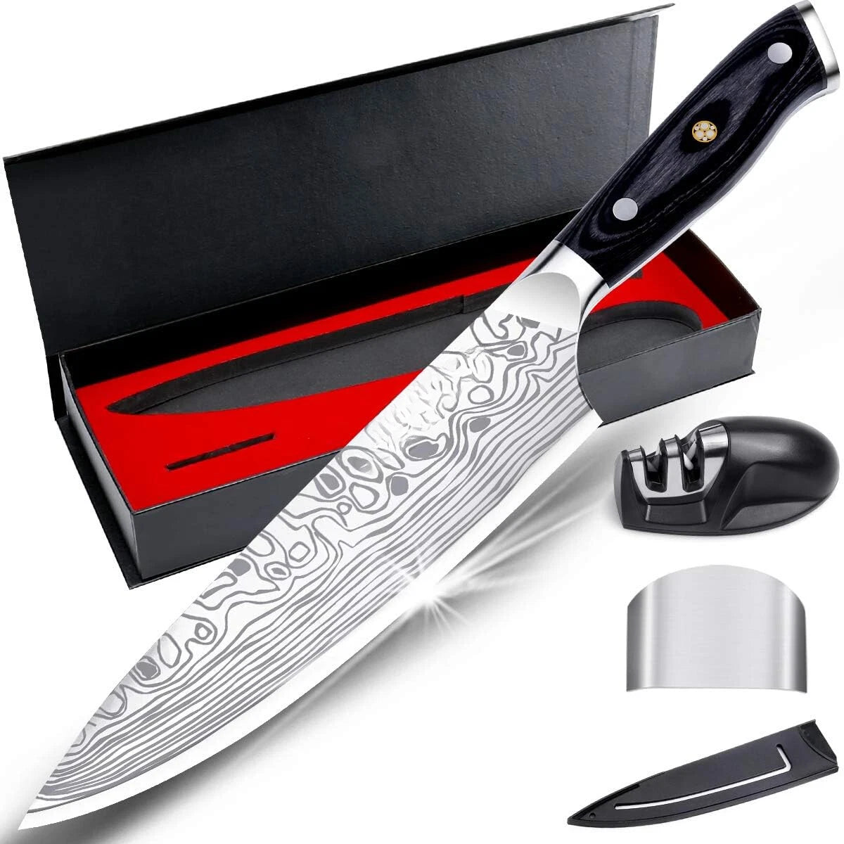 8-Inch Ultra-Sharp Professional Chef's Knife with Finger Guard and Sharpener 07FC0E-D4 - KOEEK