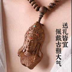 Nha Trang Agarwood Guanyin Pendant Necklace Natural Wood Bead Sweater Chain 07FC0E-D4 - KOEEK