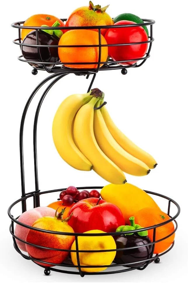 Iron 2-Tier Countertop Fruit Vegetables Basket Bowl Storage With Banana Hanger 07FC0E-D4 - KOEEK