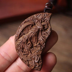 Agarwood Dragon Phoenix Couple Pendant Necklace Carved Charm Pair Unisex 07FC0E-D4 - KOEEK