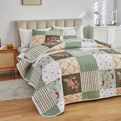 Patchwork Quilt Set Queen Size, 3 Pieces Green Floral Plaid Summer Coverlet Set 07FC0E-D4 - KOEEK