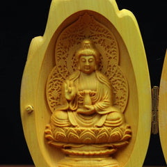 Boxwood Carved Guanyin Guardian Figurine Wooden Handheld Buddha Statue 07FC0E-D4 - KOEEK