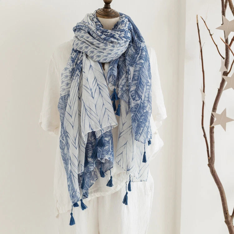 Womens White Blue Geometric Floral Yarn Scarf Tassel Shawl Spring Pashmina Cape 07FC0E-D4 - KOEEK