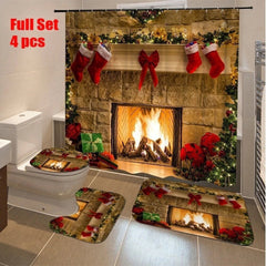 Chrismas Fireplace Shower Curtain Bath Rug Toilet Seat Cover Bathroom Set Decor 07FC0E-D4 - KOEEK