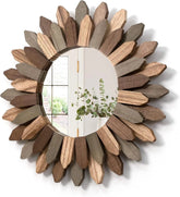 Boho Wall Decor 12 inch Decorative Mirror with Rustic Wood Sunburst Frame 07FC0E-D4 - KOEEK