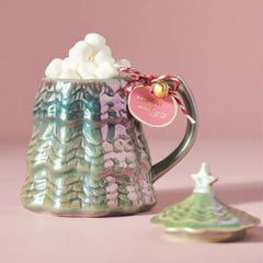 Anthropologie Merry Luster Tree Lidded Mug Holly Green Holiday Christmas ANTHROPOLOGIE - KOEEK