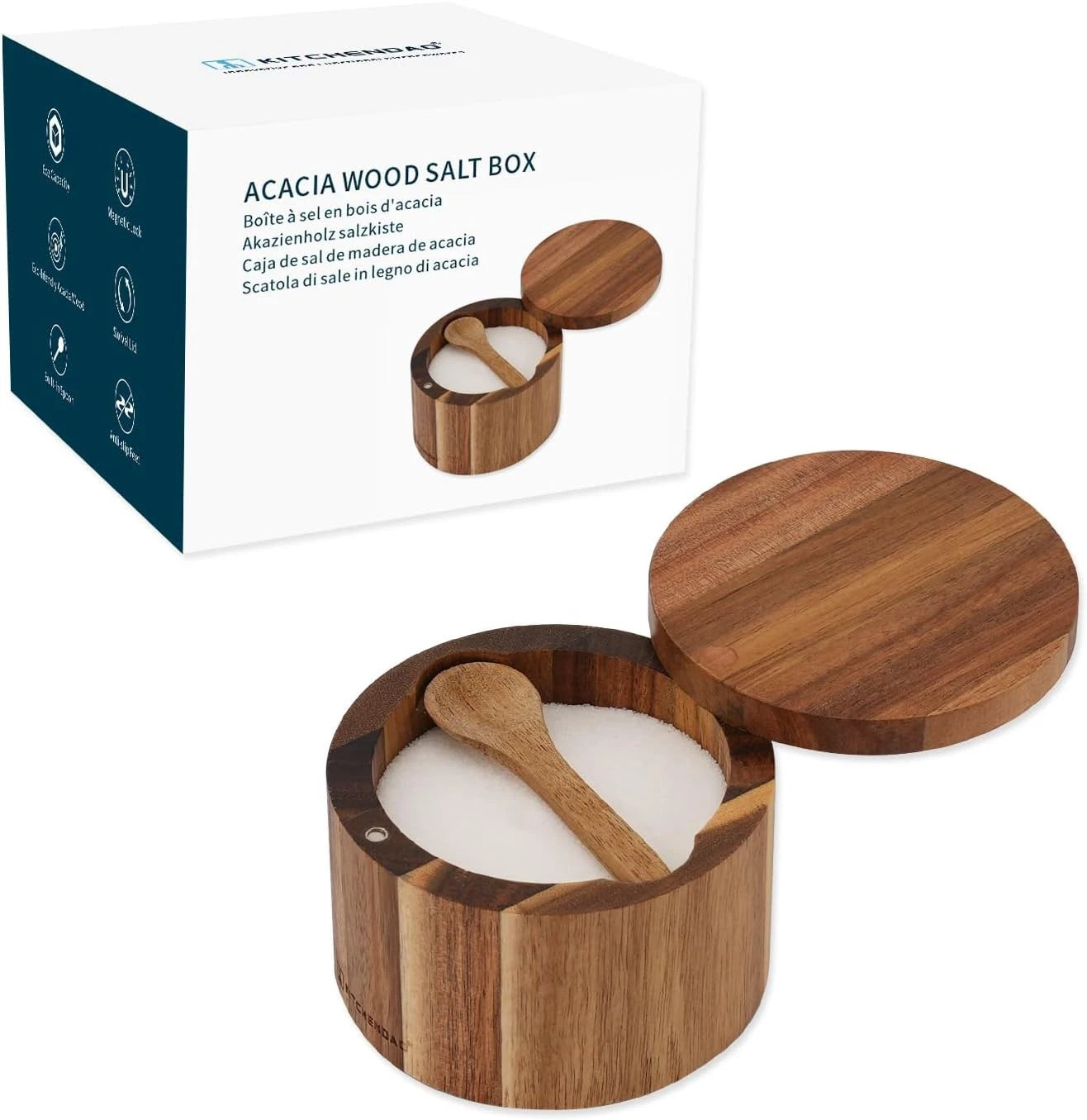Acacia Wood Salt Cellar Bowl Box with Built-in Spoon to avoid Dust 07FC0E-D4 - KOEEK