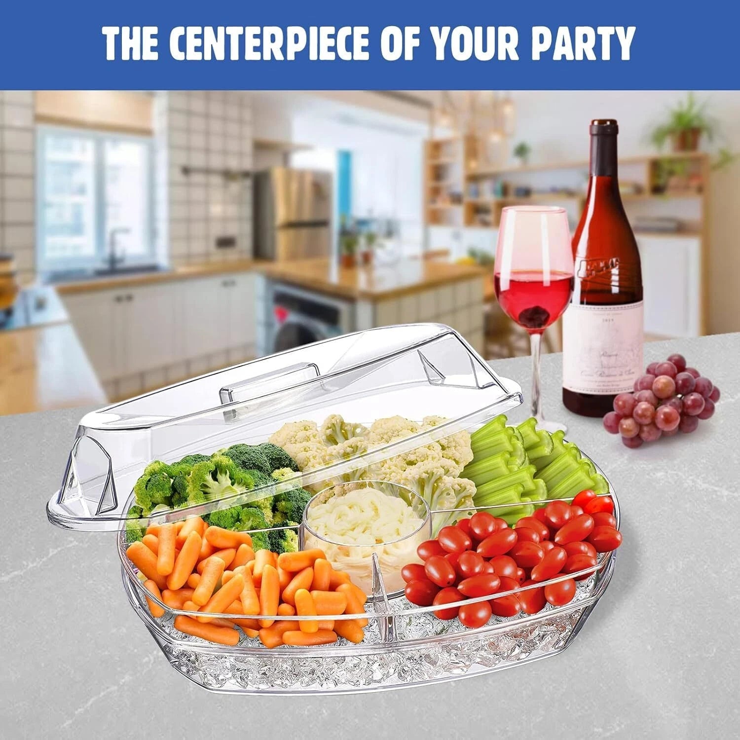 Chilled Vegetable Tray, 15-inch Clear Party Platter with 4 Compartments 07FC0E-D4 - KOEEK