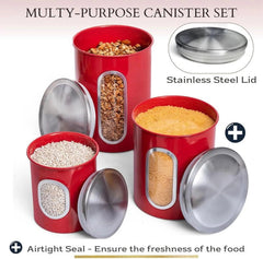 3 Piece Red Canisters Sets For The Kitchen, Kitchen Jars With See Through Window 07FC0E-D4 - KOEEK