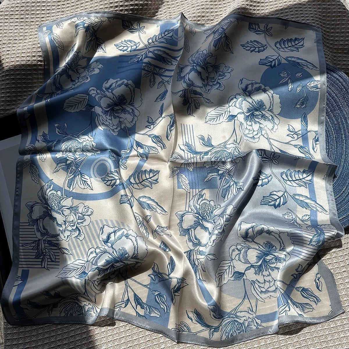 Silk Square Scarf 65*65cm Women Light Blue Flowers Kerchief Headscarf Wrap 07FC0E-D4 - KOEEK