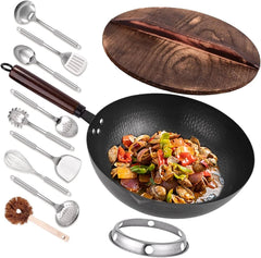 12.8" Carbon Steel Wok-11Pcs Woks & Stir Fry Pans Wok Pan with Lid 07FC0E-D4 - KOEEK