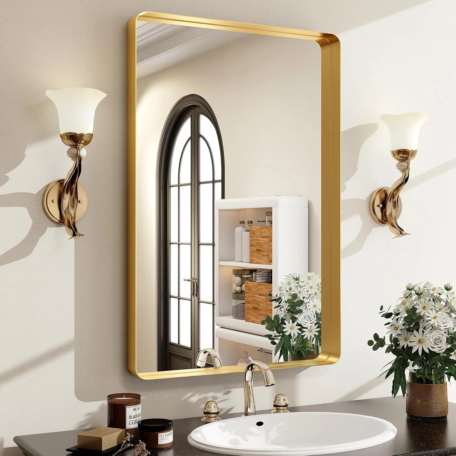 30 x22 Inch Gold Bathroom Mirror for Wall,Aluminum Alloy Frame Rectangular Wall 07FC0E-D4 - KOEEK