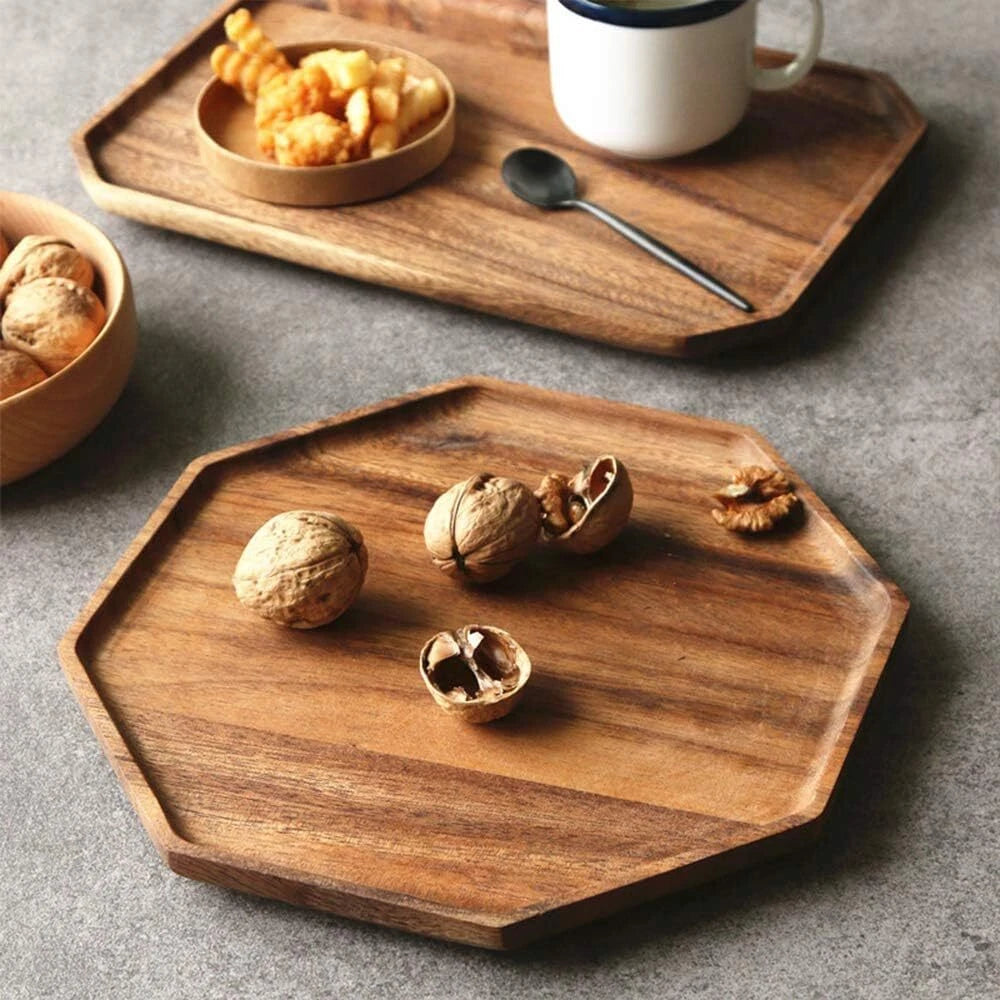 Set of 2 Acacia Wooden Trays Serving Platters Round Square Veggie Serving Tray 07FC0E-D4 - KOEEK