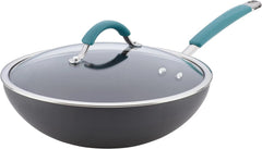 Hard Anodized Non-Stick Wok with Lid,11-Inch Wok with Lid,Gray with Blue Handles 07FC0E-D4 - KOEEK
