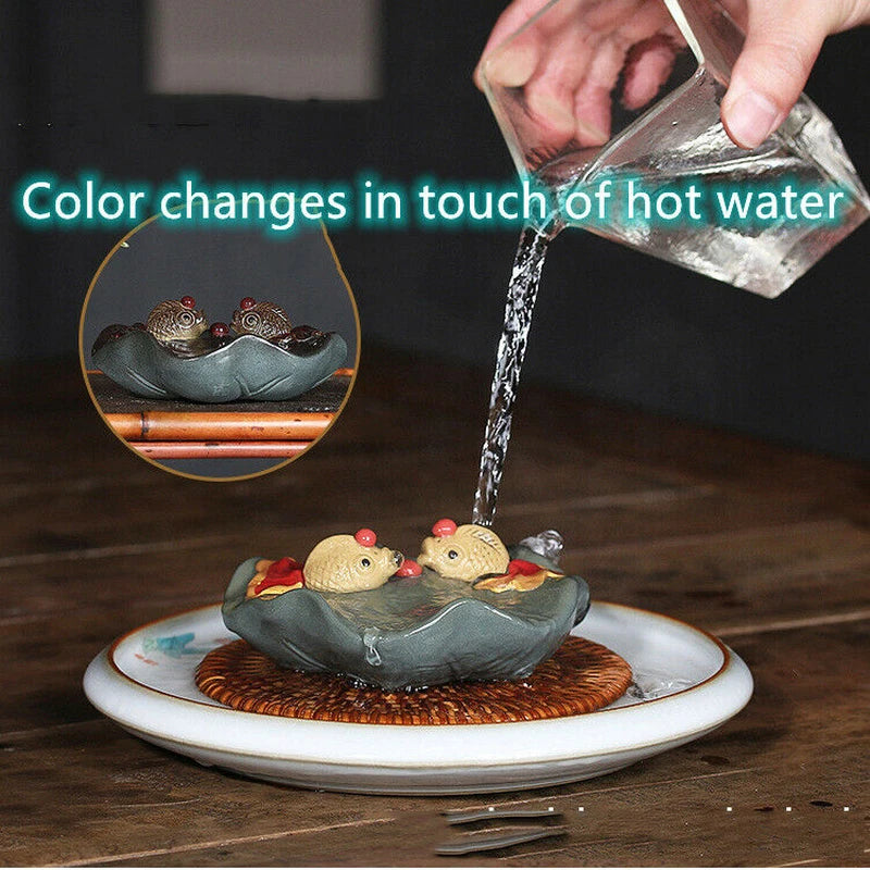 Color Change Tea Pet Yixing Zisha Tea Play Purple Clay Golden Fish on Lotus Leaf 07FC0E-D4 - KOEEK