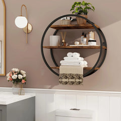 Floating Shelf, 3 Tiers of Decorative Geometric Round Metal, Rustic Brown