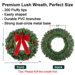 24" Prelit Christmas Wreath with LED Warm White Lights For Front Door Decoration 07FC0E-D4 - KOEEK