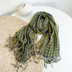 Mens Flax Linen Scarf Green Plaid Breathable Unisex Stole Shawl Neckerchief 07FC0E-D4 - KOEEK