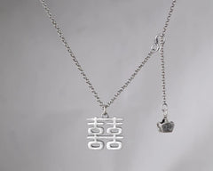 "Xi" Pendant Necklace Double Happiness Long Sweater Chain Silver Plated Vintage 07FC0E-D4 - KOEEK