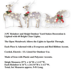 Bright Sleigh & Reindeer Lighted Metal Christmas Lawn Decor Set 25"H x 5ft #451 07FC0E-D4 - KOEEK