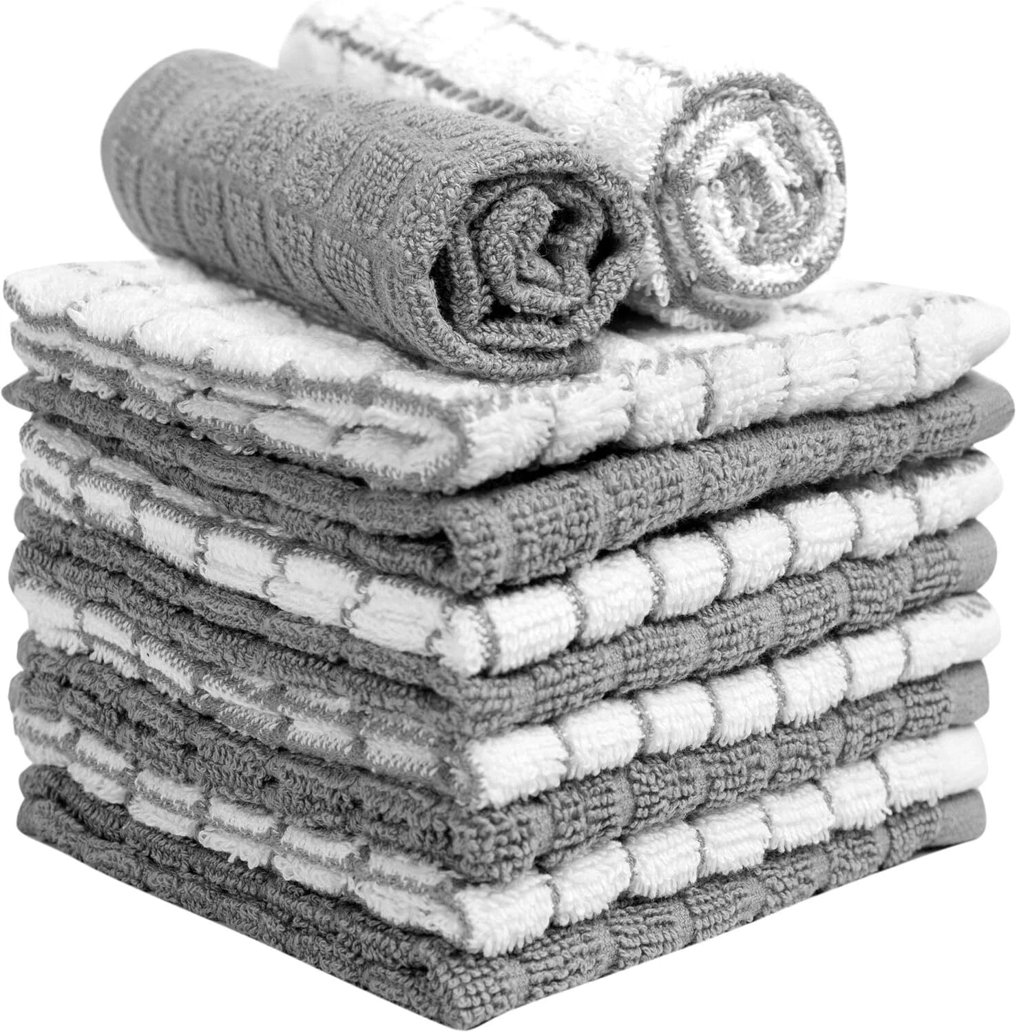 Premium Cotton Dish Cloths 12" x 12"| Gray Check Design 380 GSM Highly Absorbent 07FC0E-D4 - KOEEK