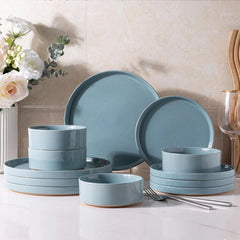 Ceramic Dinnerware Set for 4 | Unglazed Pottery Speckled Plate and Bowl 07FC0E-D4 - KOEEK