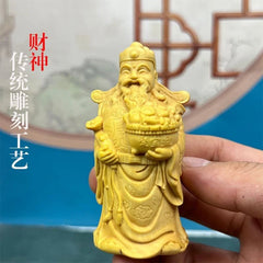 Boxwood Carved Wealth God Figurine Prosperity Home Office Desk Décor Hand Piece 07FC0E-D4 - KOEEK