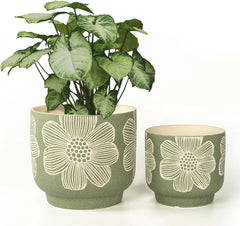 8-Inch + 6-Inch White Floral Pattern Planter, Sand Glazed Ceramic Planter,Green 07FC0E-D4 - KOEEK