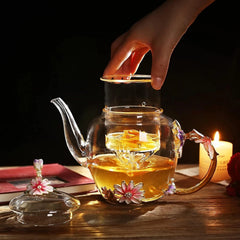 35OZ Enamel Glass Flower Teapot With Removable Loose Tea Leaf Infuser Tea Maker