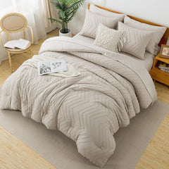 King with Shams Beige Comforter Set - 7 Piece Chevron Tufted Bedding Set 07FC0E-D4 - KOEEK